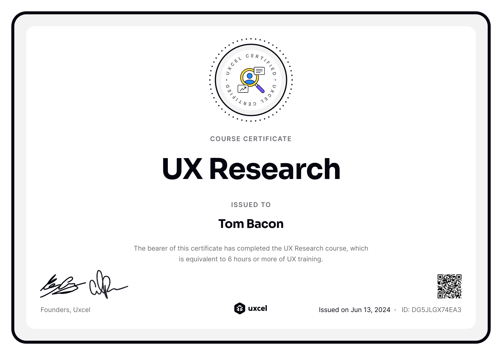 Tom Bacon's certificate